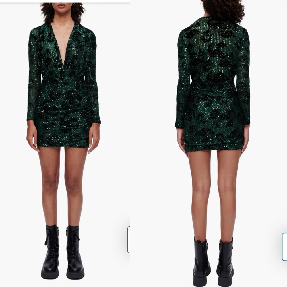 Maje Riletie Green & Black Sequin Long Sleeve Mini Dress Plunge France Size 40
